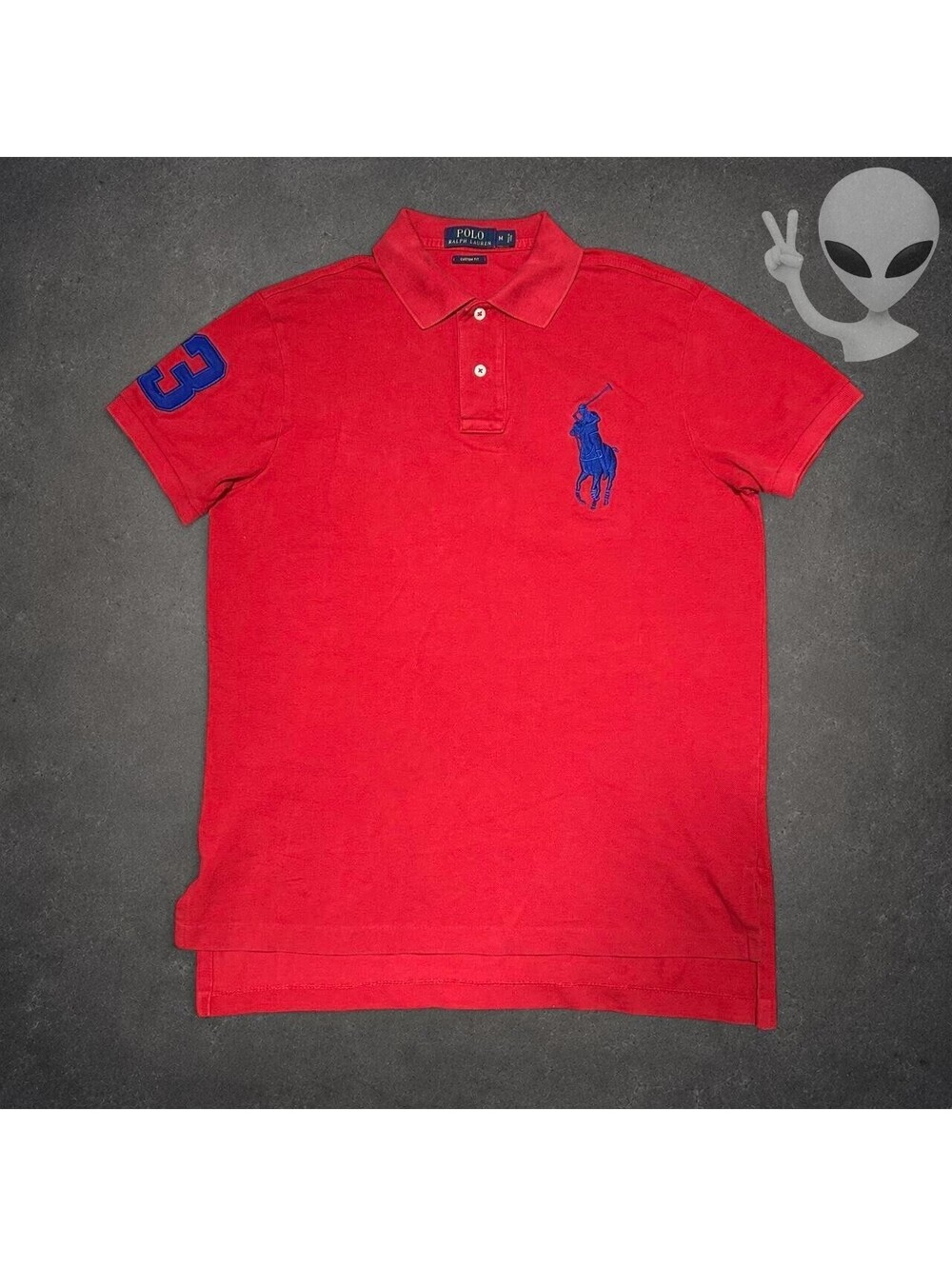 Polo Ralph Lauren Big Pony Polo Shirt Mens M Red Blue Number 3 Cotton Mesh